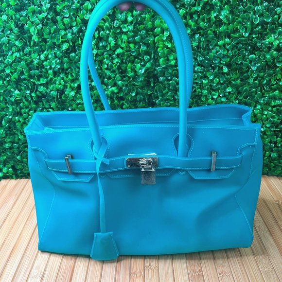 Handbags - Jelly Tote Blue Green Transparent Purse With Lock and Keys
